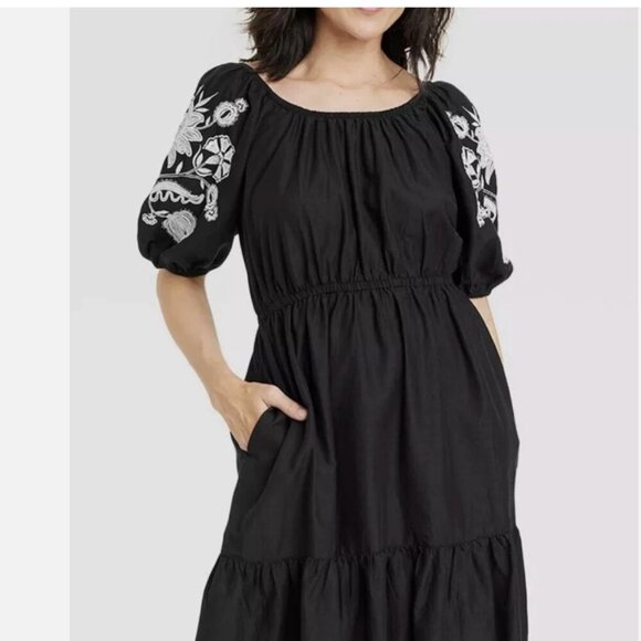 Knox Rose Womens SZ M Boho Black 3/4 Embroidered Puff Sleeve Ruffle Dress Summer - Picture 3 of 15